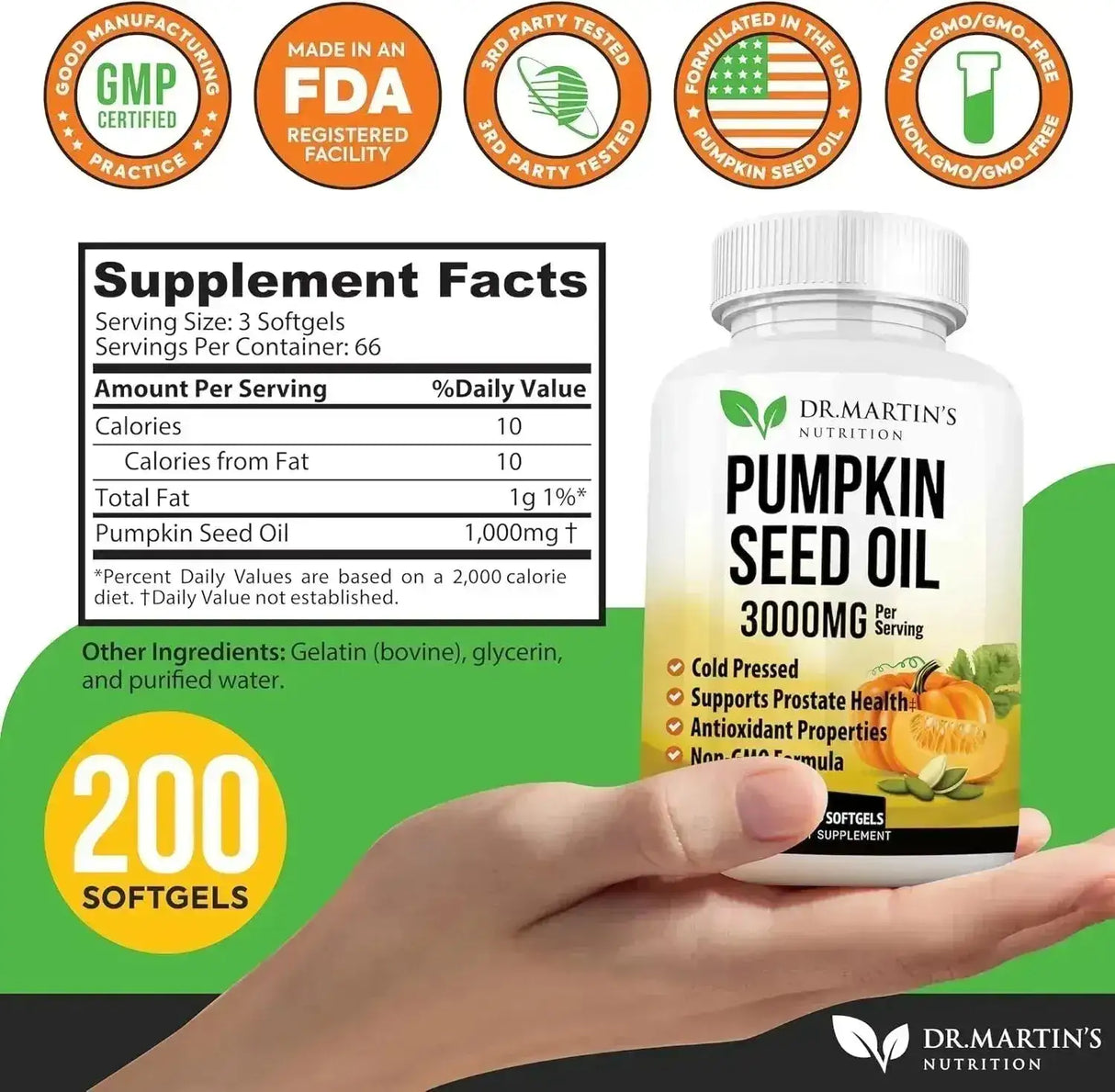 DR. MARTIN'S NUTRITION - DR. MARTIN'S NUTRITION Cold Pressed Pumpkin Seed Oil 3000Mg. 200 Capsulas Blandas - The Red Vitamin MX - Suplementos Alimenticios - {{ shop.shopifyCountryName }}