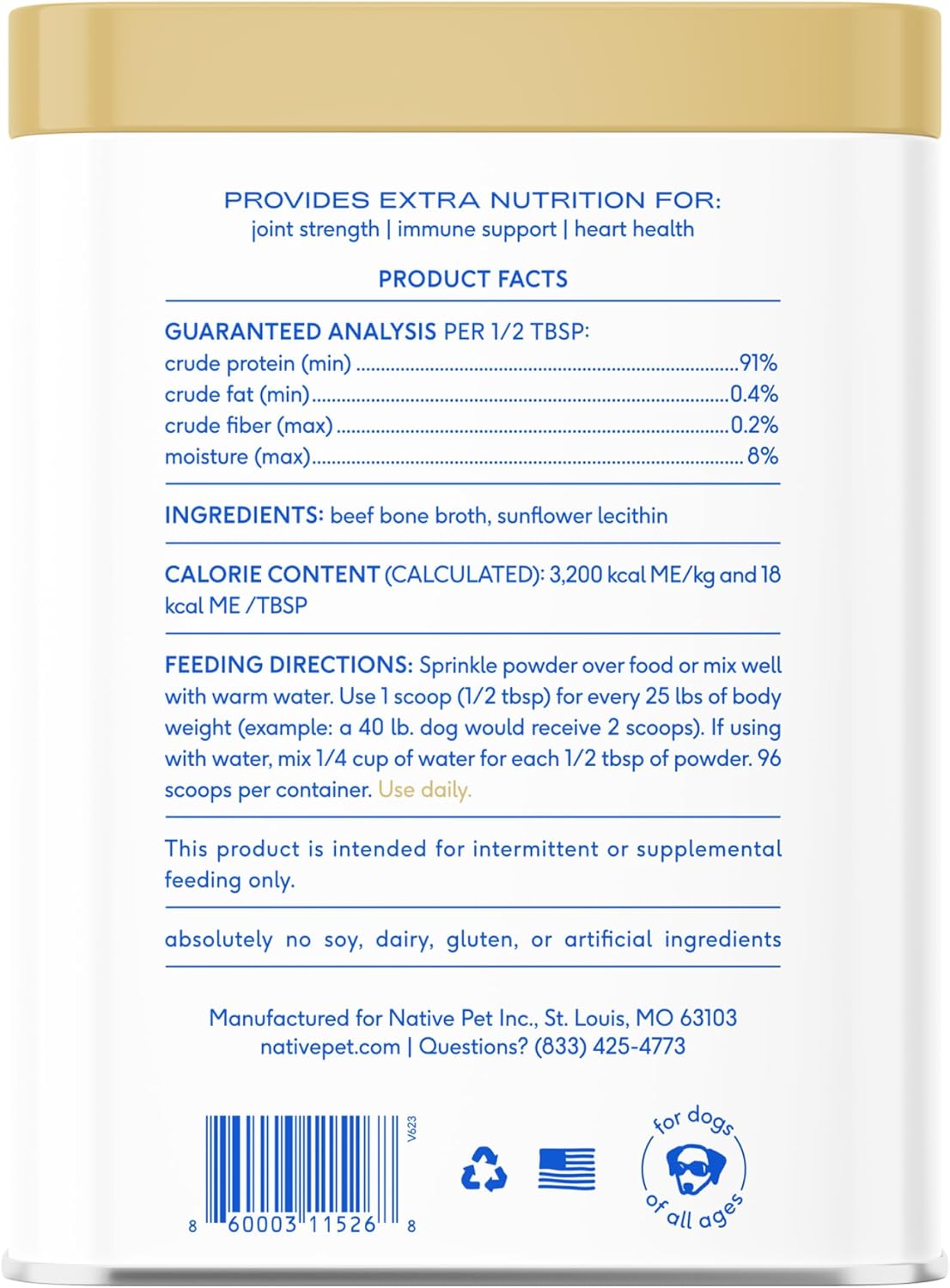 Native Pet Bone Broth for Dogs 96 Servicios 269Gr.