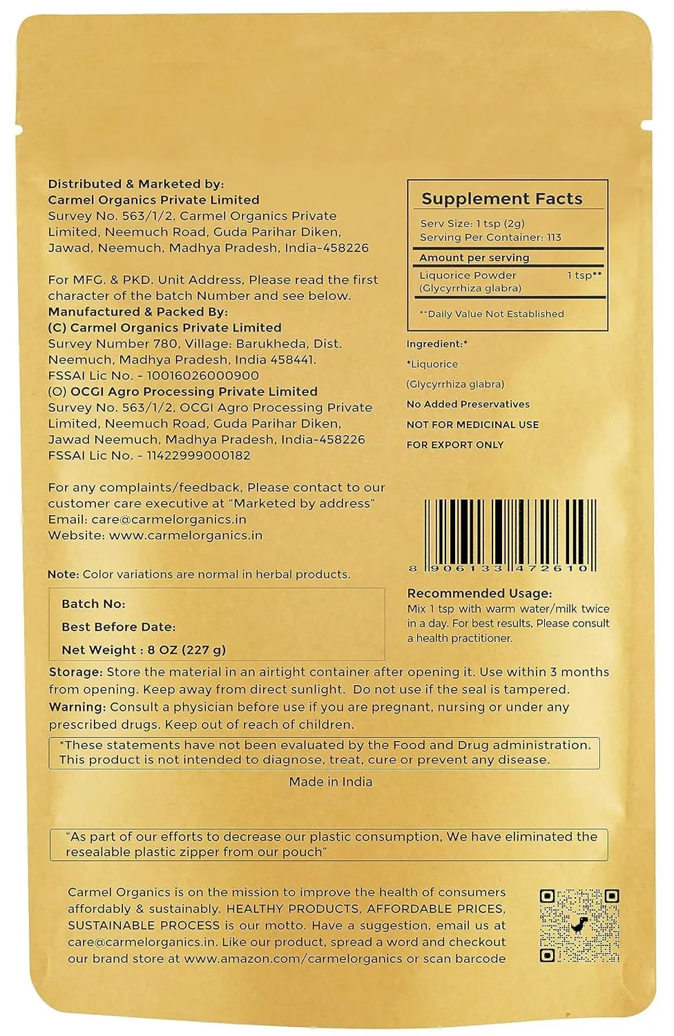 CARMEL ORGANICS - CARMEL ORGANICS Licorice Root Powder 227Gr. - The Red Vitamin MX - Suplementos Alimenticios - {{ shop.shopifyCountryName }}