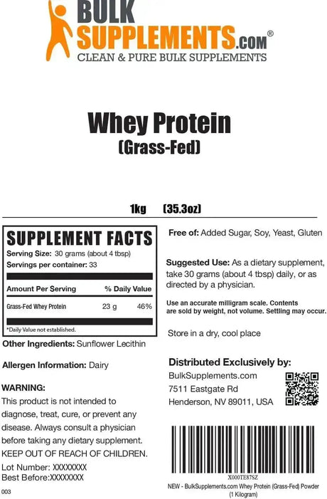 BULK SUPPLEMENTS - Bulk Supplements Grass Fed Whey Protein Powder Unflavored 1 Kg. - The Red Vitamin MX - Suplementos Alimenticios - {{ shop.shopifyCountryName }}