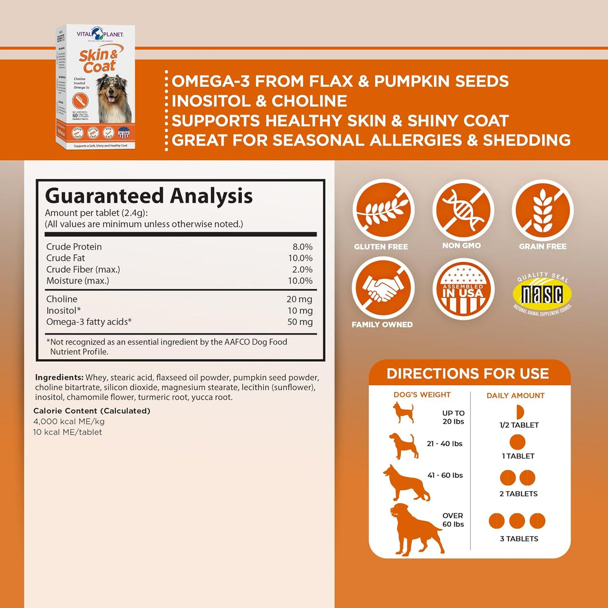 Vital Planet Skin and Coat Supplement for Dogs 60 Tabletas Masticables