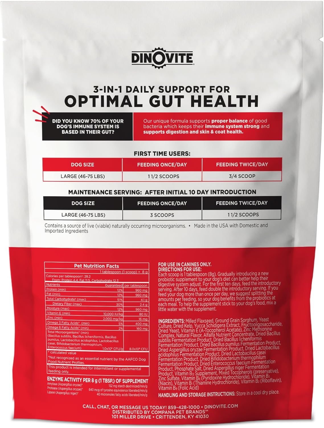 Dinovite Probiotic Supplement for Large Dogs 30 Servicios 800Gr.