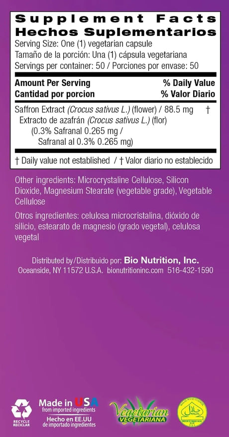 BIO NUTRITION - Bio Nutrition Saffron Extract 50 Capsulas - The Red Vitamin MX - Suplementos Alimenticios - {{ shop.shopifyCountryName }}