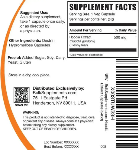 BULK SUPPLEMENTS - Bulk Supplements Hoodia Gordonii Extract 500Mg. 240 Capsulas - The Red Vitamin MX - Suplementos Alimenticios - {{ shop.shopifyCountryName }}