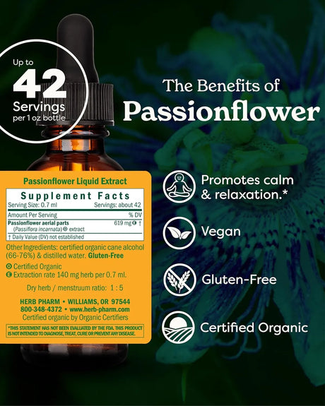 HERB PHARM - Herb Pharm Certified Organic Passionflower Extract 30Ml. - The Red Vitamin MX - Suplementos Alimenticios - {{ shop.shopifyCountryName }}