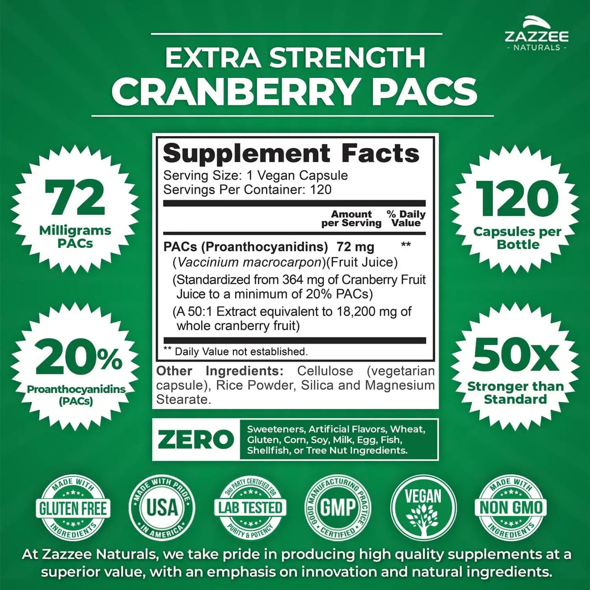 ZAZZEE NATURALS - Zazzee Cranberry PACs 72Mg. 120 Capsulas - The Red Vitamin MX - Suplementos Alimenticios - {{ shop.shopifyCountryName }}
