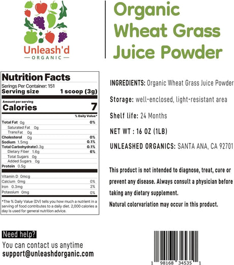 UNLEASH'D ORGANIC - UNLEASH'D ORGANIC Organic Wheat Grass Juice Powder 1 Lb. - The Red Vitamin MX - Suplementos Alimenticios - {{ shop.shopifyCountryName }}