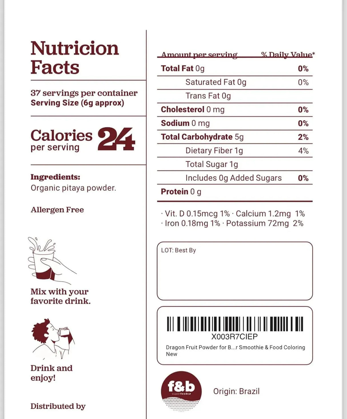 F&B SUPERFOODS - f&b superfoods Organic Pink Pitaya Powder Dragon Fruit 226Gr. - The Red Vitamin MX - Suplementos Alimenticios - {{ shop.shopifyCountryName }}