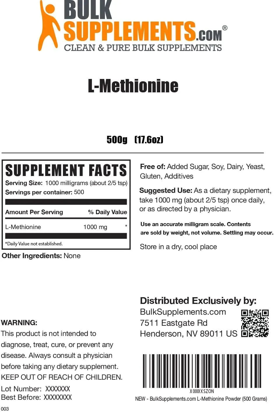 BULK SUPPLEMENTS - Bulk Supplements L-Methionine Powder 500Gr. - The Red Vitamin MX - Suplementos Alimenticios - {{ shop.shopifyCountryName }}