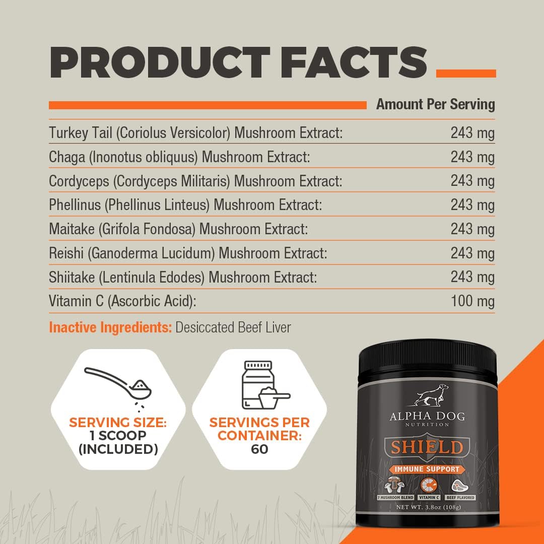 ALPHA DOG NUTRITION - Alpha Dog Nutrition Shield Allergy Immune Support 7 Nutritional Mushroom Powder Complex + Vitamin C 108Gr. - The Red Vitamin MX - Suplementos Herbales Para Perros - {{ shop.shopifyCountryName }}