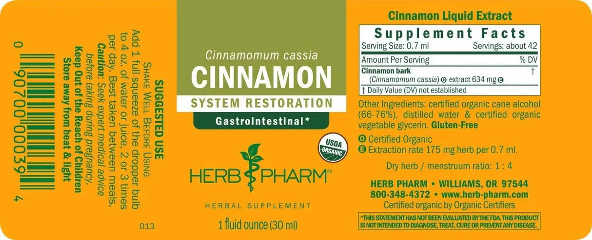 HERB PHARM - Herb Pharm Certified Organic Cinnamon Liquid Extract 1 Fl.Oz. - The Red Vitamin MX - Suplementos Alimenticios - {{ shop.shopifyCountryName }}