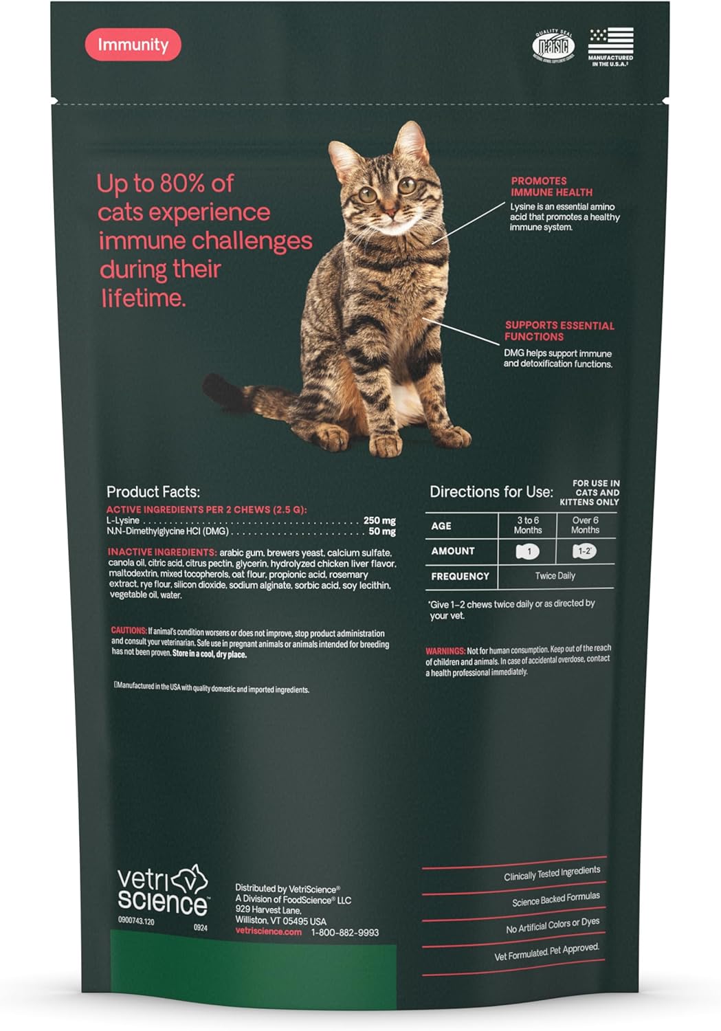 VetriScience Lysine Immunity Health Chews for Cats Chicken 120 Masticables