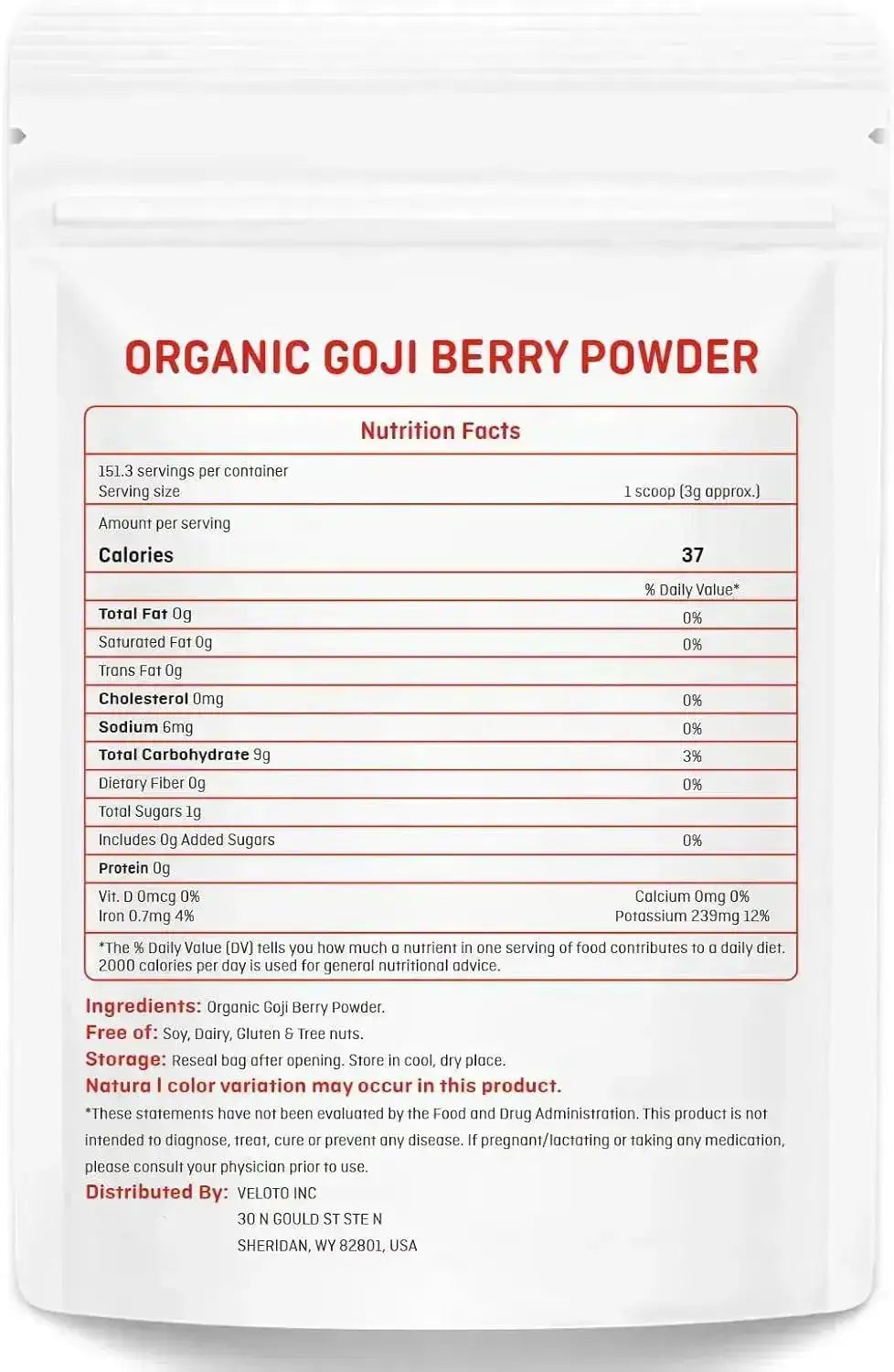 VELOTO - VELOTO Organic Goji Berry Powder 454Gr. - The Red Vitamin MX - Suplementos Alimenticios - {{ shop.shopifyCountryName }}