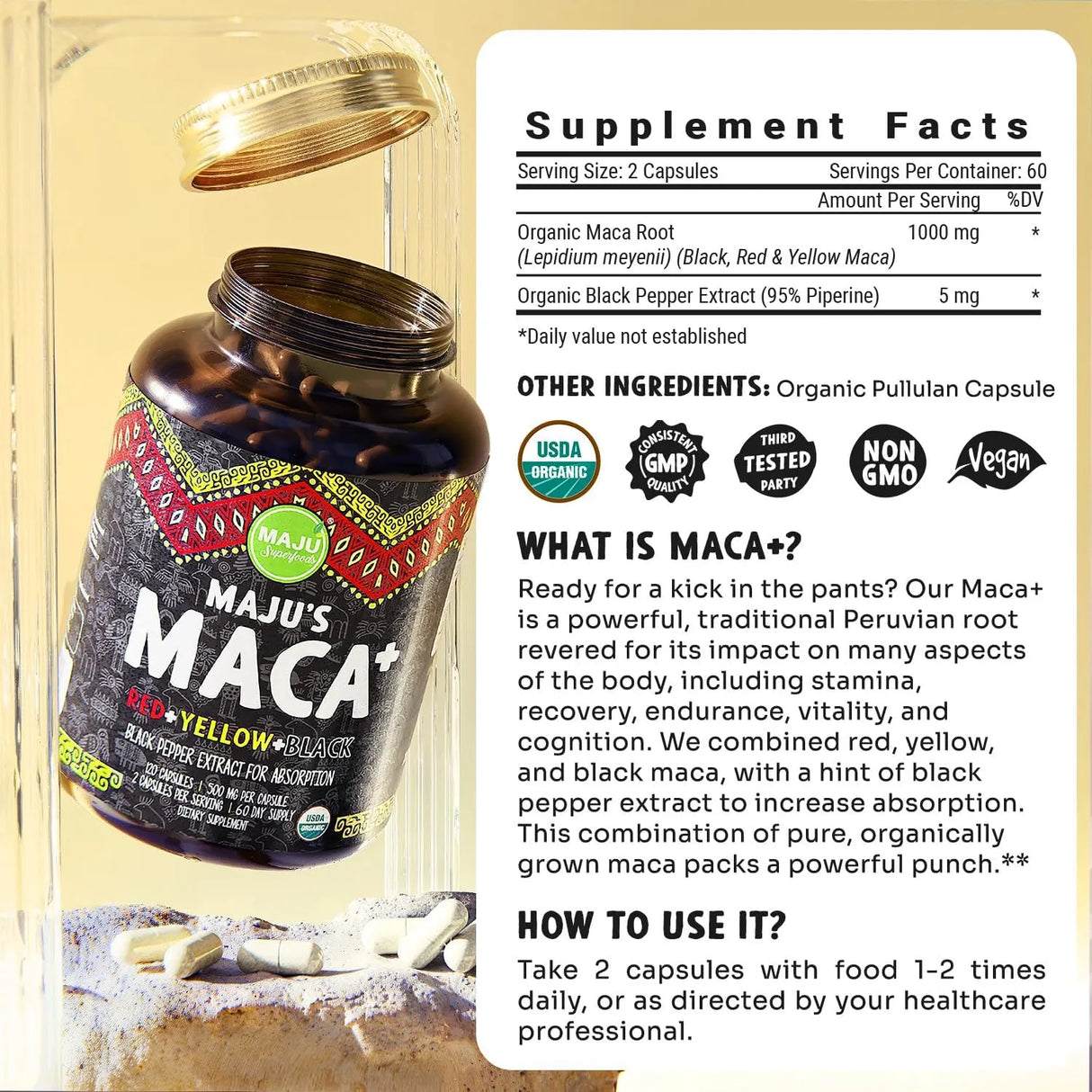 MAJU SUPERFOODS - Maju Superfoods 4-in-1 Maca Root 120 Capsulas - The Red Vitamin MX - Suplementos Alimenticios - {{ shop.shopifyCountryName }}