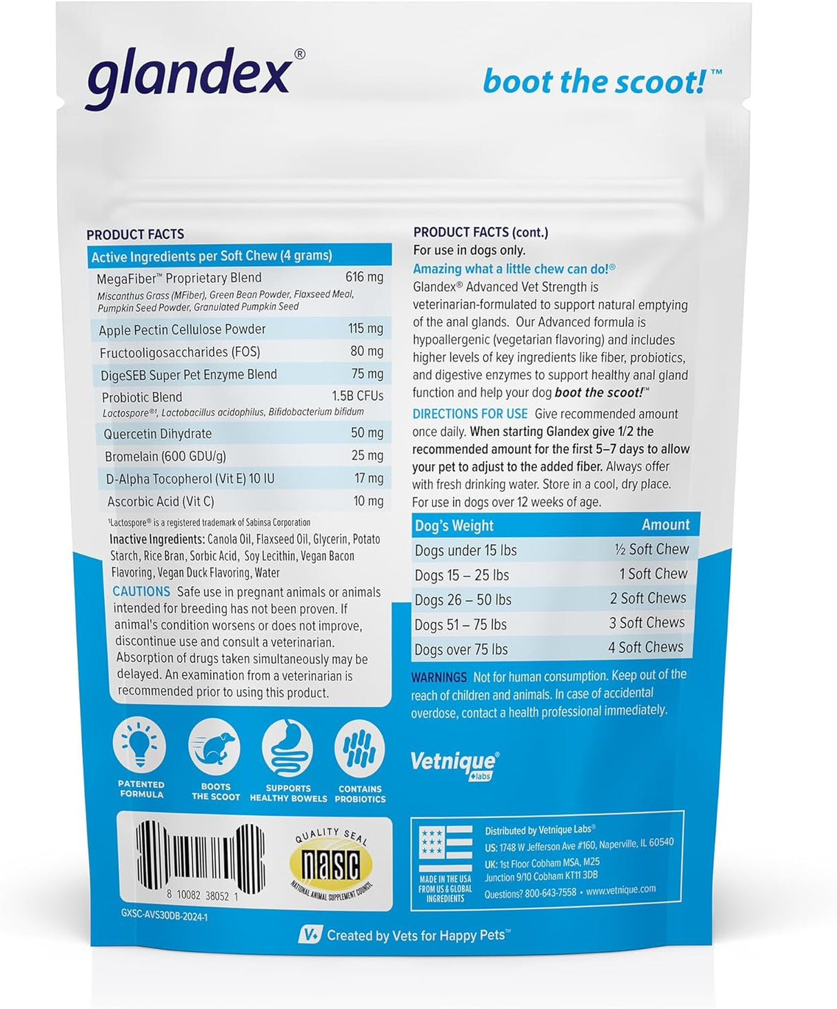 Vetnique Advanced Strength Glandex Anal Gland Soft Chew Duck Bacon 30 Masticables