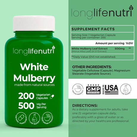 LONGLIFENUTRI - LongLifeNutri White Mulberry Leaf Extract 500Mg. 200 Capsulas - The Red Vitamin MX - Suplementos Alimenticios - {{ shop.shopifyCountryName }}
