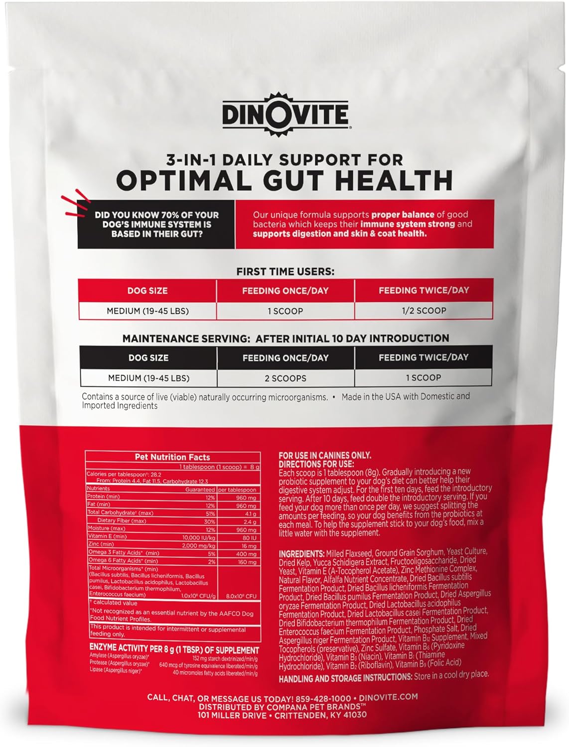 Dinovite 3 in 1 Probiotic for Medium Dogs 30 Servicios 544Gr.