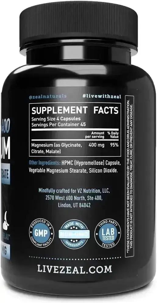 ZEAL NATURALS - Zeal Naturals Premium Chelated Magnesium Glycinate, Malate, Citrate 400Mg. 180 Capsulas - The Red Vitamin MX - Suplementos Alimenticios - {{ shop.shopifyCountryName }}