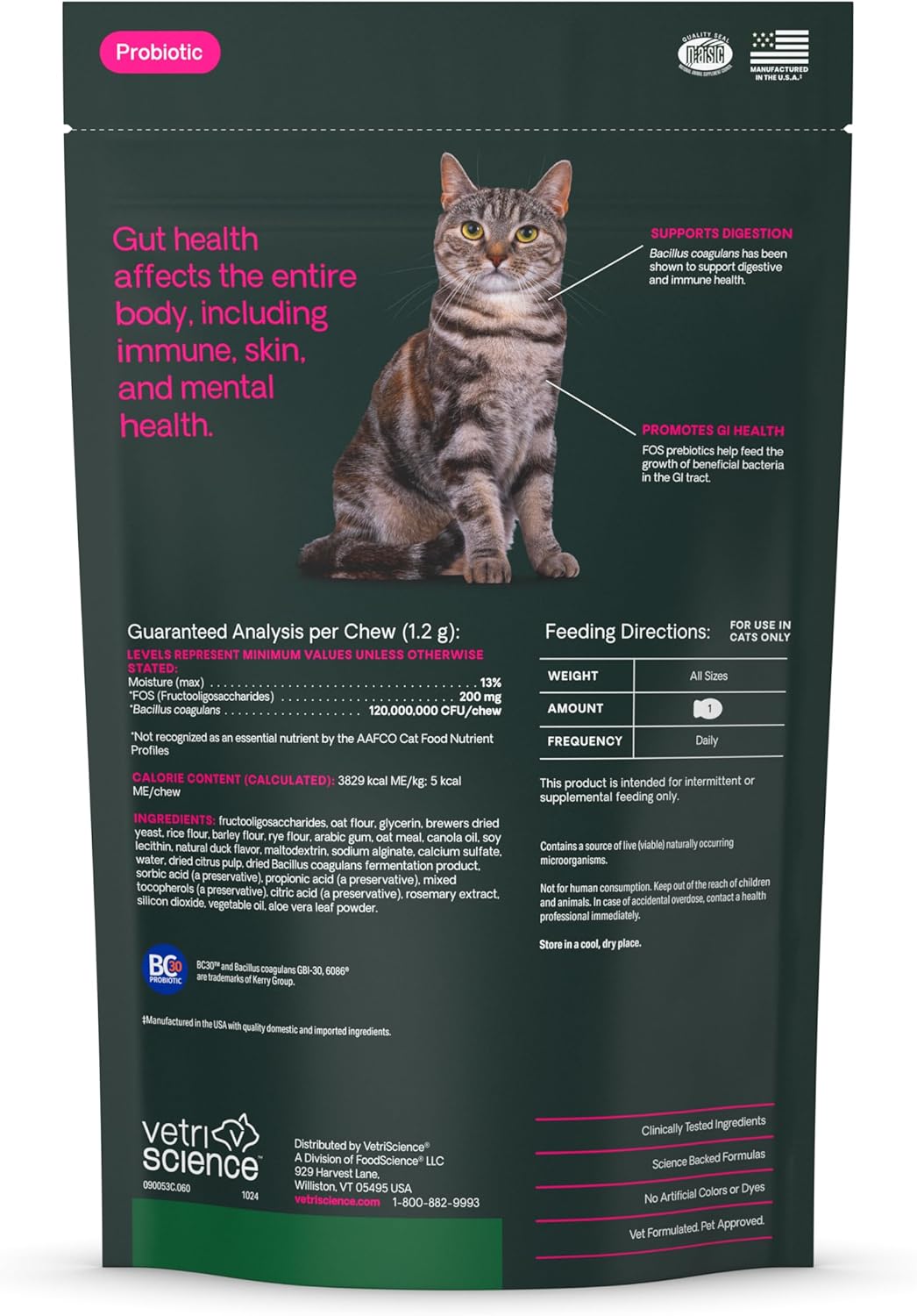 VetriScience Gut Health Probiotic & Prebiotic Digestive for Cats 60 Masticables
