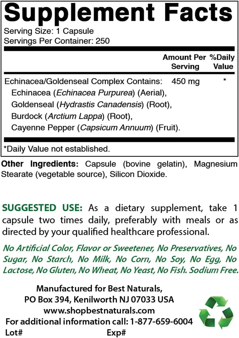 BEST NATURALS - Best Naturals Echinacea Goldenseal 450Mg. 250 Capsulas - The Red Vitamin MX - Suplementos Alimenticios - {{ shop.shopifyCountryName }}