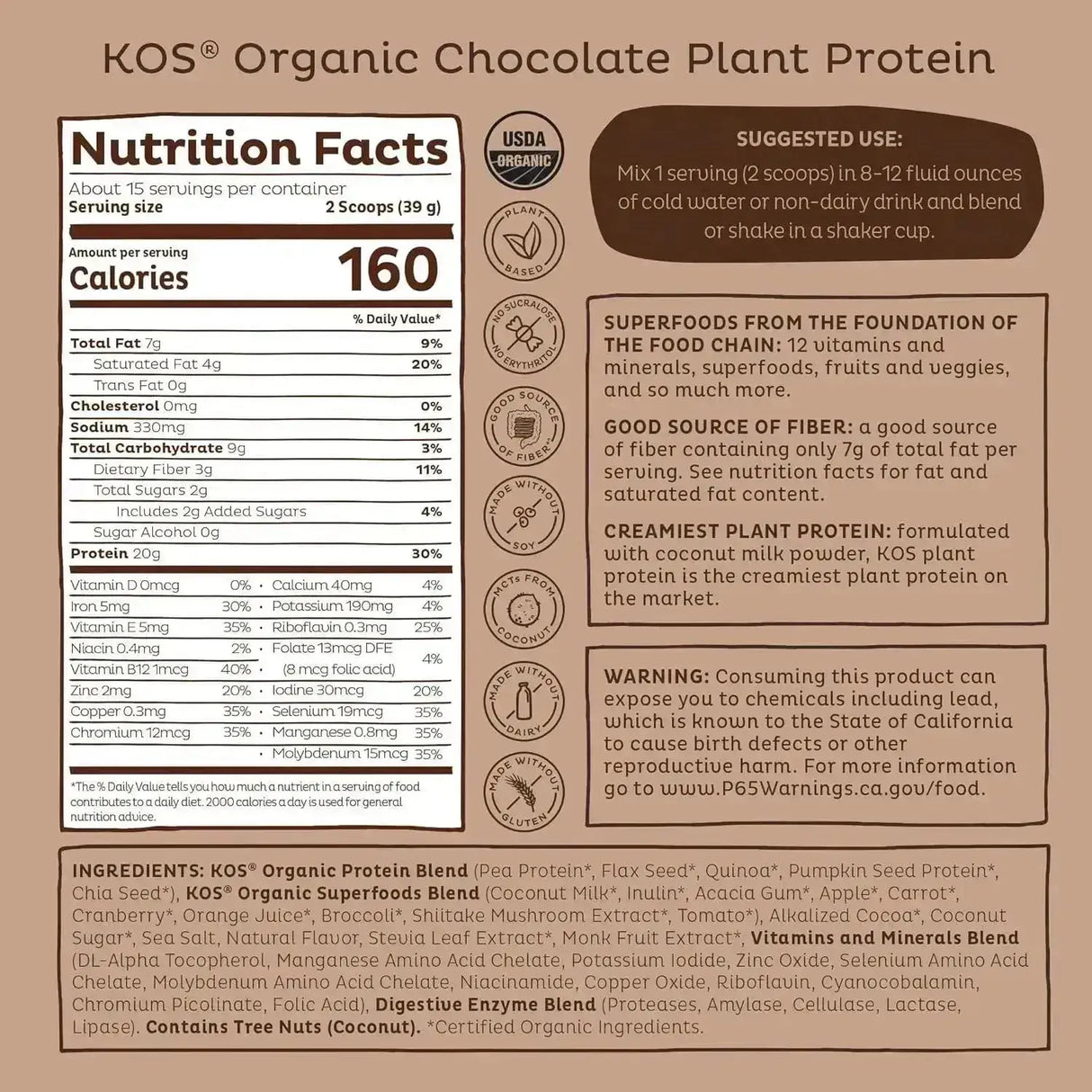KOS - KOS Organic Plant Based Protein Powder Chocolate 15 Servicios 585Gr. - The Red Vitamin MX - Suplementos Alimenticios - {{ shop.shopifyCountryName }}