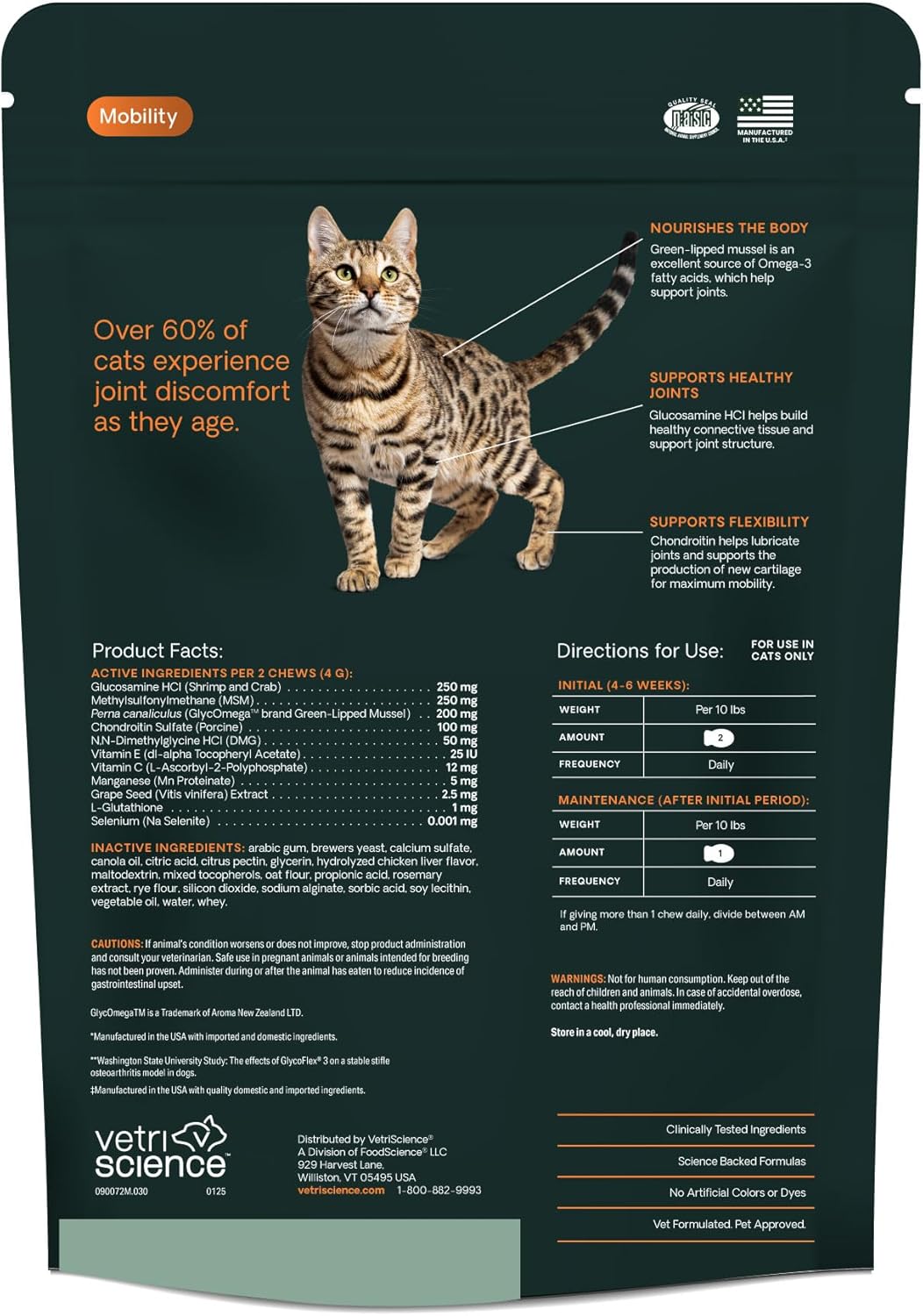 VetriScience Ultimate Strength Healthy Hip & Joint Chews Cats Chicken Flavor 30 Masticables