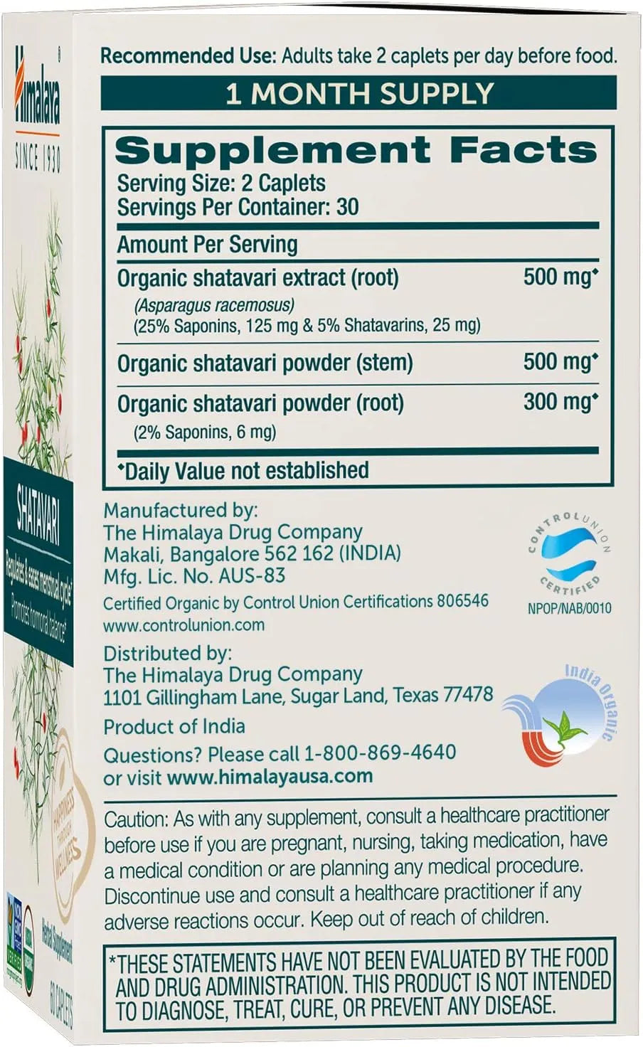 HIMALAYA - Himalaya Organic Shatavari 60 Tabletas - The Red Vitamin MX - Suplementos Alimenticios - {{ shop.shopifyCountryName }}