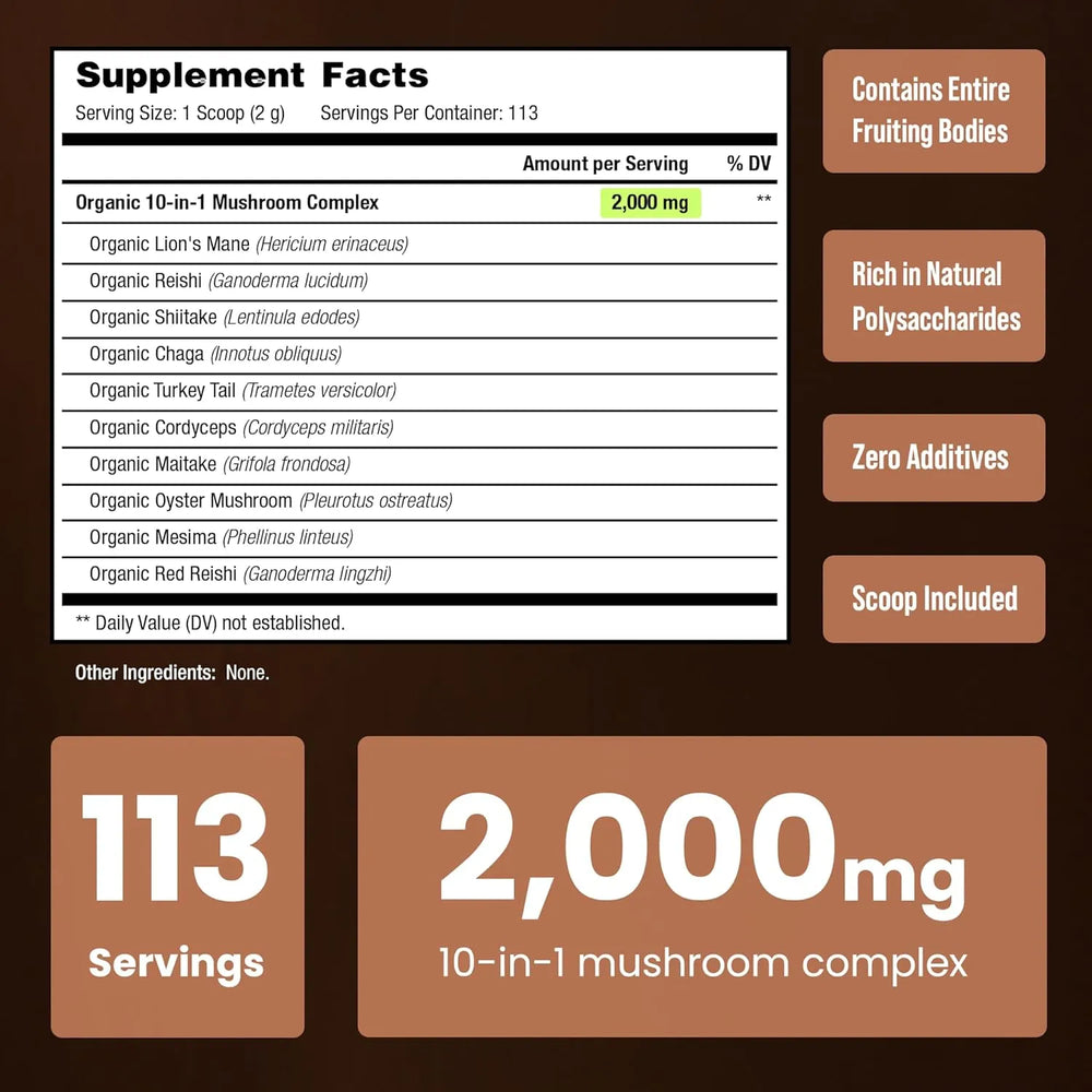 NUTRACHAMPS - NutraChamps Organic Mushroom Powder 10-in-1 Complex 226Gr. - The Red Vitamin MX - Suplementos Alimenticios - {{ shop.shopifyCountryName }}