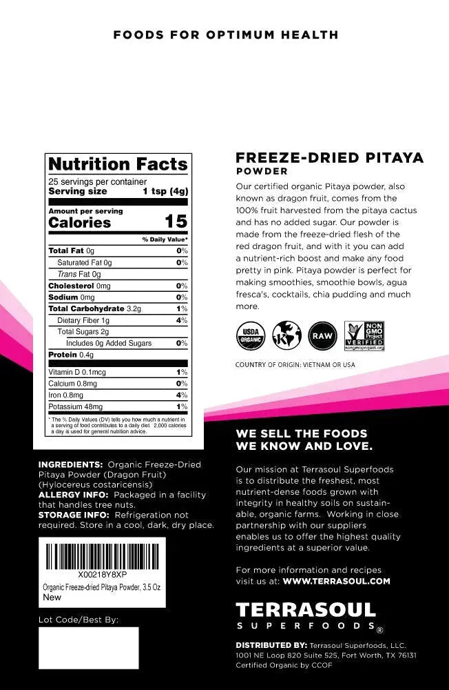 TERRASOUL SUPERFOODS - Terrasoul Superfoods Organic Freeze-Dried Pitaya Powder Dragonfruit 100Gr. - The Red Vitamin MX - Suplementos Alimenticios - {{ shop.shopifyCountryName }}