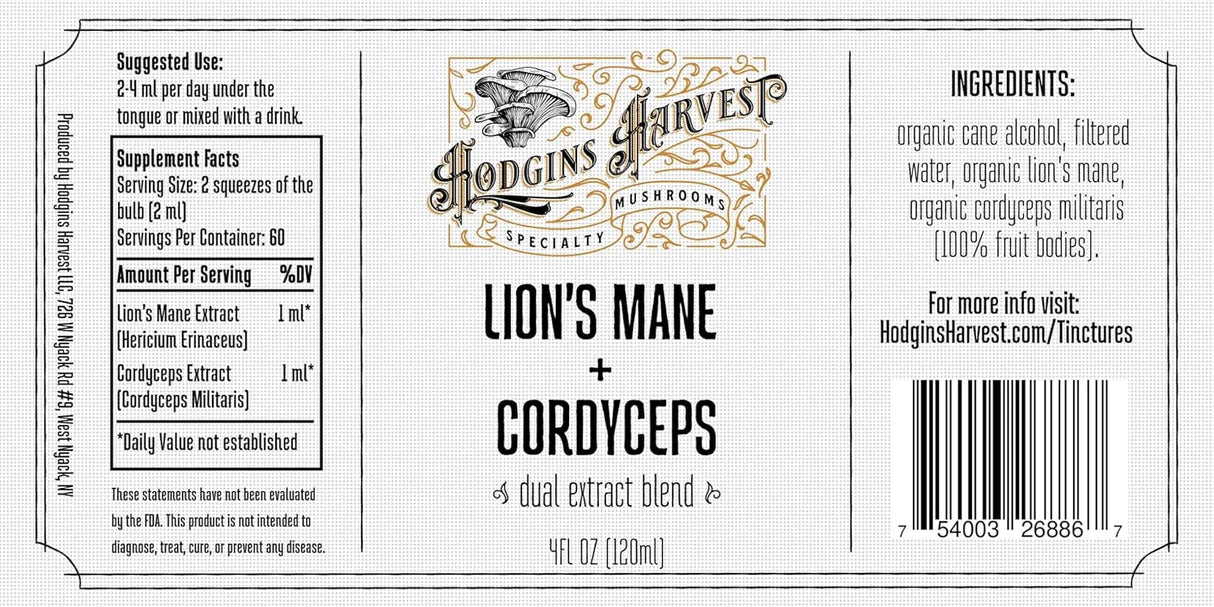 HODGINS HARVEST - Hodgins Harvest Organic Lion’s Mane + Cordyceps Tincture 4 Fl.Oz. - The Red Vitamin MX - Suplementos Alimenticios - {{ shop.shopifyCountryName }}