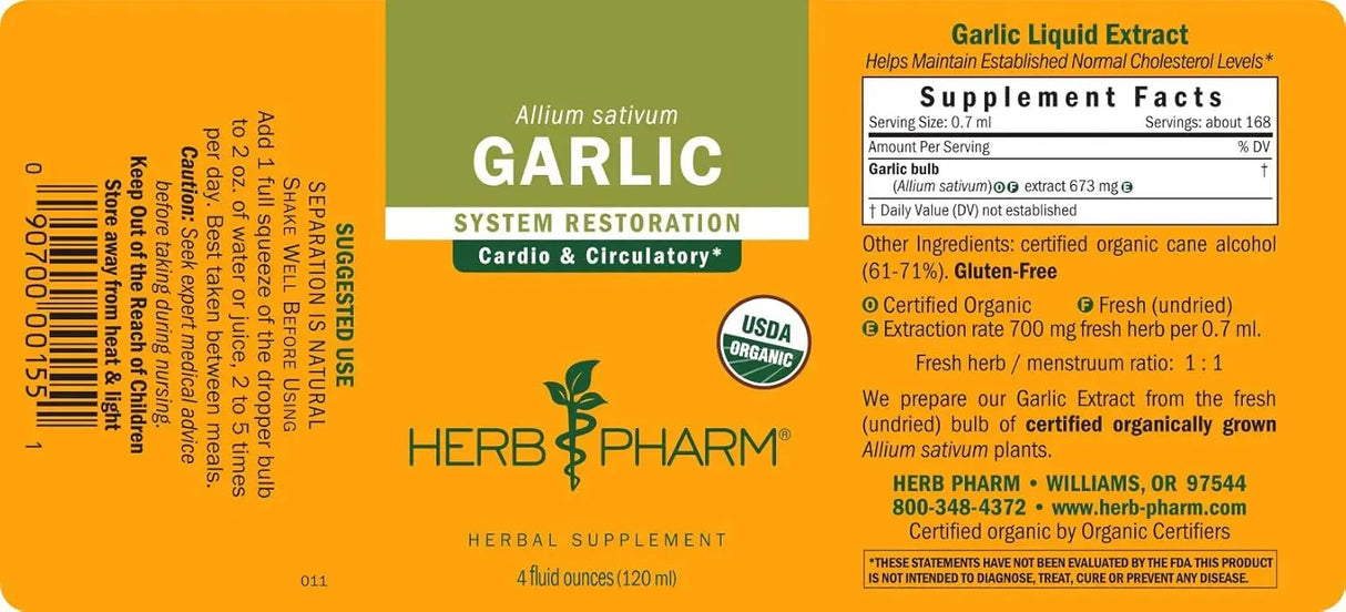 HERB PHARM - Herb Pharm Certified Organic Garlic Liquid Extract 120Ml. - The Red Vitamin MX - Suplementos Alimenticios - {{ shop.shopifyCountryName }}
