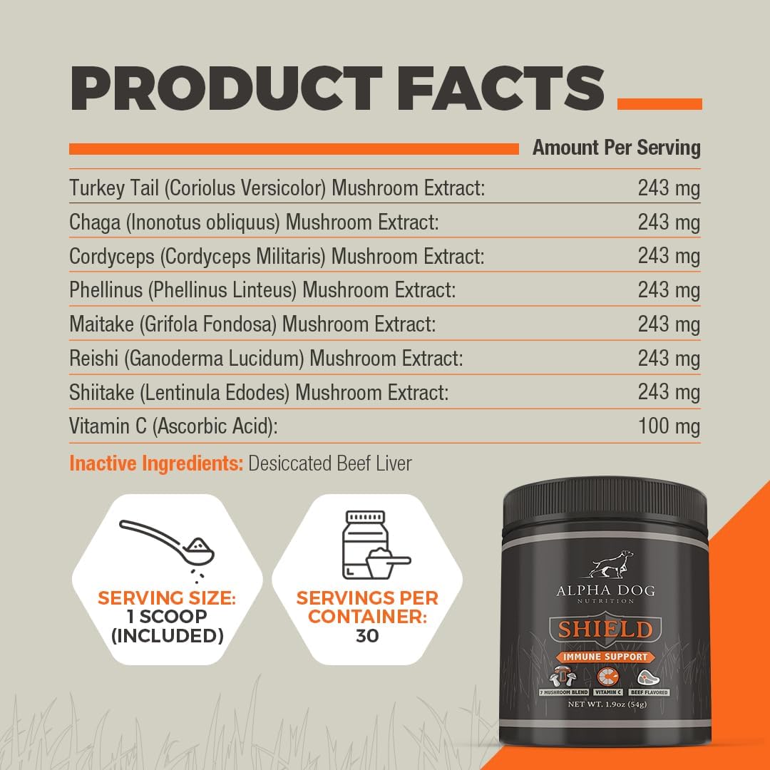 ALPHA DOG NUTRITION - Alpha Dog Nutrition Shield Allergy Immune Support 7 Nutritional Mushroom Powder Complex + Vitamin C 54Gr. - The Red Vitamin MX - Suplementos Herbales Para Perros - {{ shop.shopifyCountryName }}