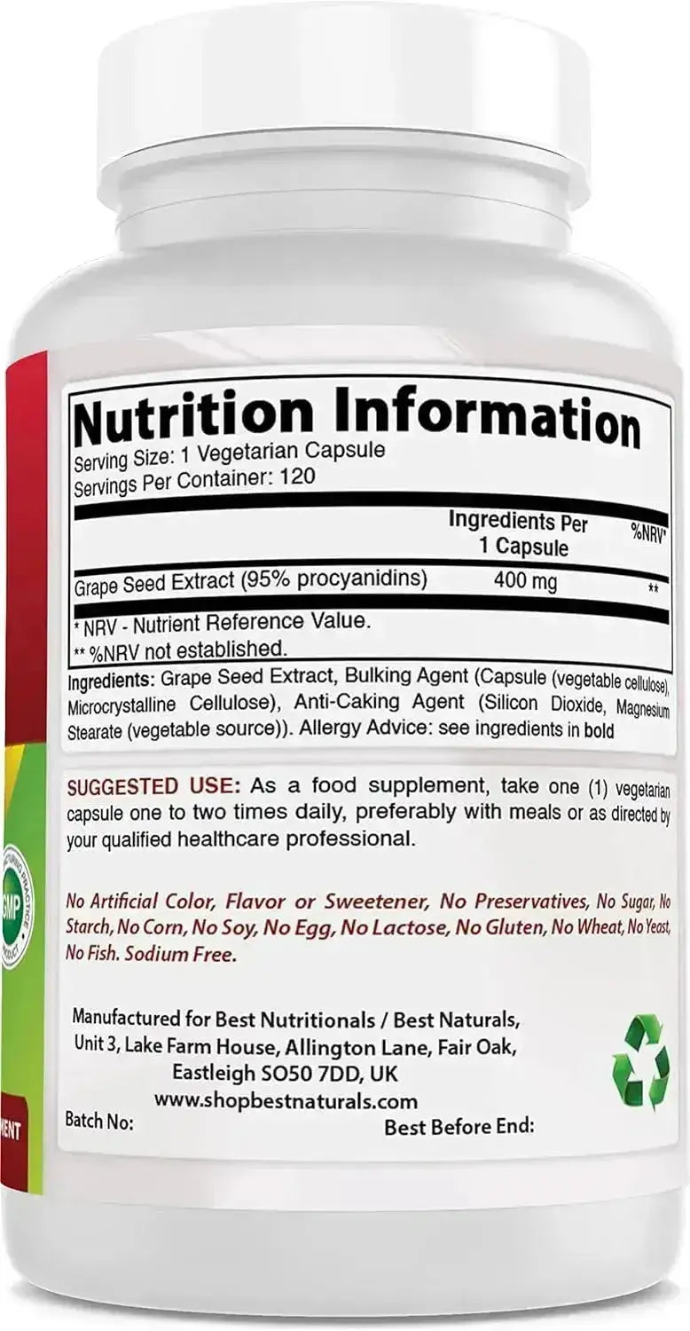 BEST NATURALS - Best Naturals Grape Seed Extract 400Mg. 120 Capsulas - The Red Vitamin MX - Suplementos Alimenticios - {{ shop.shopifyCountryName }}