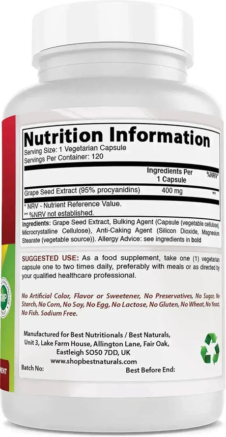 BEST NATURALS - Best Naturals Grape Seed Extract 400Mg. 120 Capsulas - The Red Vitamin MX - Suplementos Alimenticios - {{ shop.shopifyCountryName }}