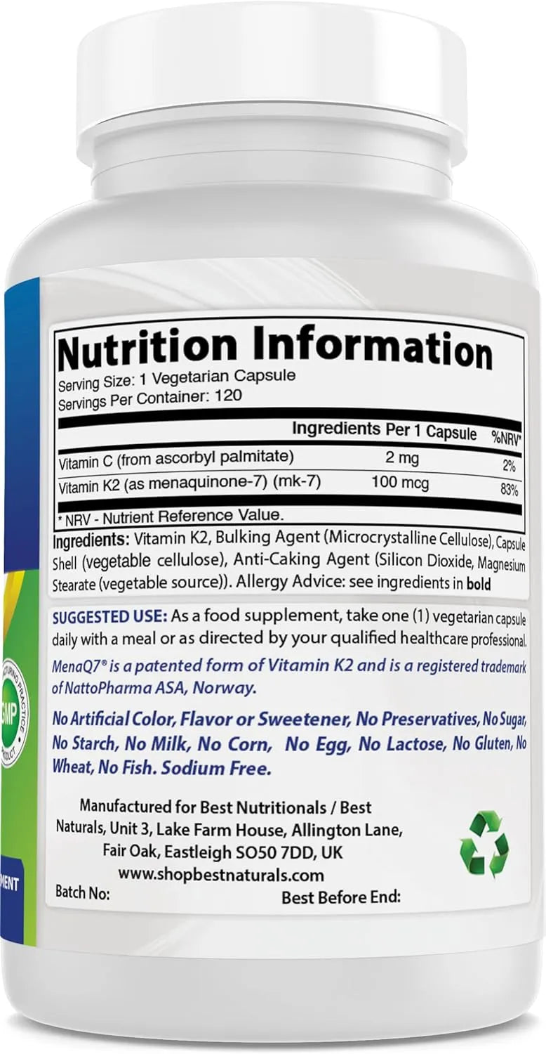 BEST NATURALS - Best Naturals MK-7 Vitamin K2 100mcg 120 Capsulas - The Red Vitamin MX - Suplementos Alimenticios - {{ shop.shopifyCountryName }}