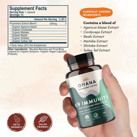 OHANA - Ohana K9 Immunity Organic Mushroom Extracts 90 Capsulas - The Red Vitamin MX - Suplementos Herbales Para Perros - {{ shop.shopifyCountryName }}
