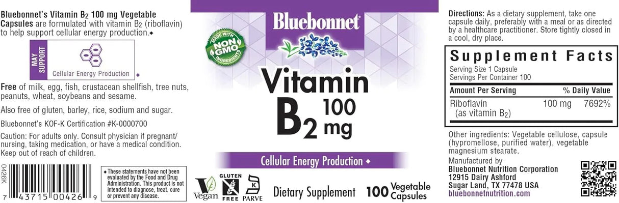 BLUEBONNET NUTRITION - Bluebonnet Nutrition Vitamin B2 100Mg. 100 Capsulas - The Red Vitamin MX - Suplementos Alimenticios - {{ shop.shopifyCountryName }}