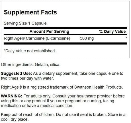 SWANSON - Swanson L-Carnosine 500Mg. 60 Capsulas - The Red Vitamin MX - Suplementos Alimenticios - {{ shop.shopifyCountryName }}
