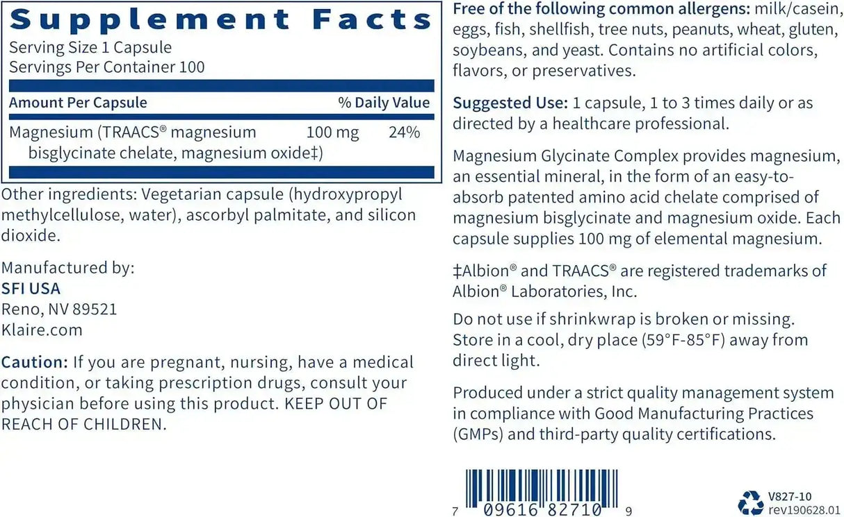 KLAIRE LABS - Klaire Labs SFI Health Magnesium Glycinate Complex 100 Capsulas 2 Pack - The Red Vitamin MX - Suplementos Alimenticios - {{ shop.shopifyCountryName }}