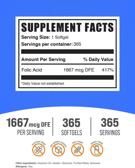 BULK SUPPLEMENTS - Bulk Supplements Folic Acid 1667mcg 365 Capsulas Blandas - The Red Vitamin MX - Suplementos Alimenticios - {{ shop.shopifyCountryName }}