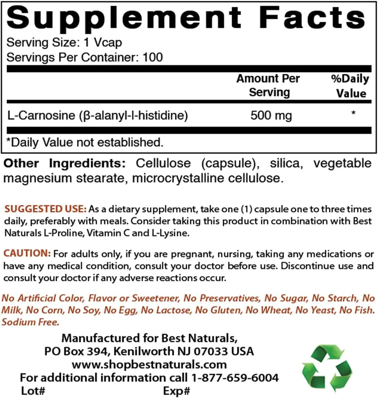 BEST NATURALS - Best Naturals L-Carnosine 500Mg. 60 Capsulas 2 Pack - The Red Vitamin MX - Suplementos Alimenticios - {{ shop.shopifyCountryName }}