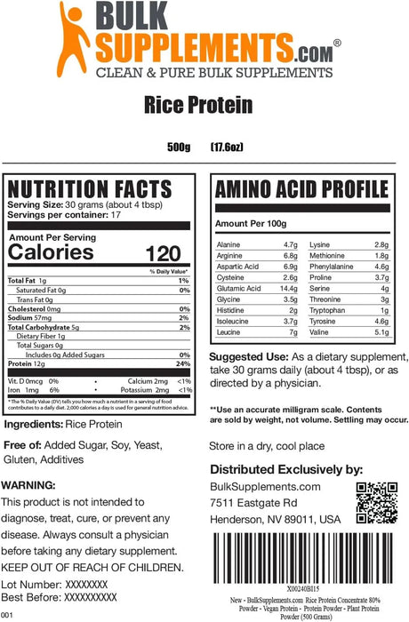 BULK SUPPLEMENTS - Bulk Supplements Organic Rice Protein Powder 500Gr. - The Red Vitamin MX - Suplementos Alimenticios - {{ shop.shopifyCountryName }}