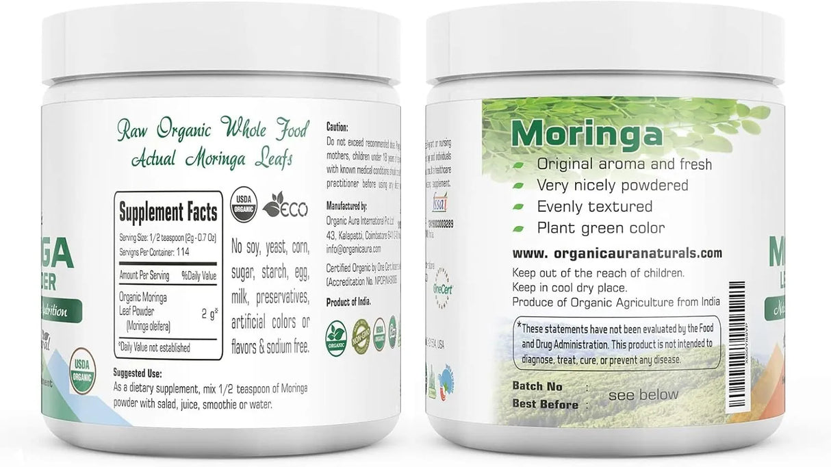 ORGANIC AURA - Organic Aura Certified Organic Moringa Leaf Powder 227Gr. - The Red Vitamin MX - Suplementos Alimenticios - {{ shop.shopifyCountryName }}