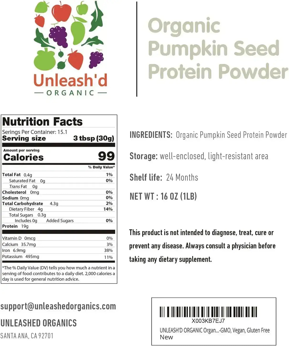 UNLEASH'D ORGANIC - UNLEASH'D ORGANIC Organic Pumpkin Seed Protein Powder 1 Lb. 2 Pack - The Red Vitamin MX - Suplementos Alimenticios - {{ shop.shopifyCountryName }}