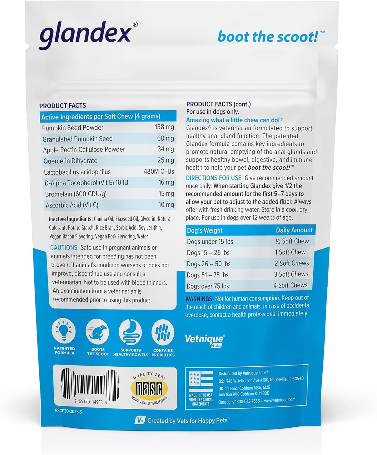 Vetnique Labs Glandex Anal Gland Soft Chew Treats with Pumpkin Pork Liver 30 Masticables