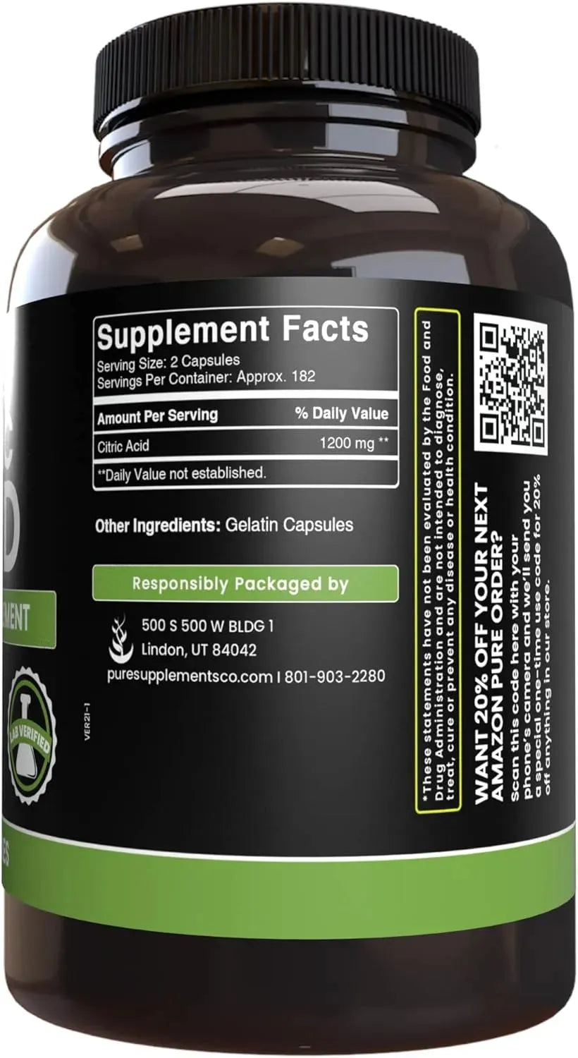 PURE ORIGINAL INGREDIENTS - Pure Original Ingredients Citric Acid 365 Capsulas - The Red Vitamin MX - Suplementos Alimenticios - {{ shop.shopifyCountryName }}