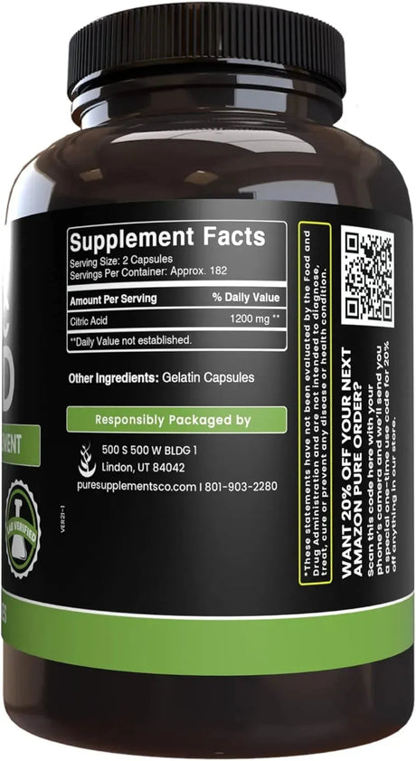 PURE ORIGINAL INGREDIENTS - Pure Original Ingredients Citric Acid 365 Capsulas - The Red Vitamin MX - Suplementos Alimenticios - {{ shop.shopifyCountryName }}