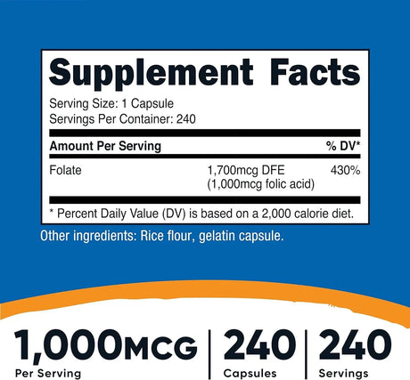 NUTRICOST - Nutricost Folic Acid 1000mcg 240 Capsulas 2 Pack - The Red Vitamin MX - Suplementos Alimenticios - {{ shop.shopifyCountryName }}
