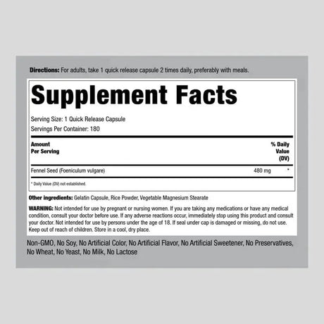 PIPING ROCK - Piping Rock Fennel Seed 480Mg. 180 Capsulas - The Red Vitamin MX - Suplementos Alimenticios - {{ shop.shopifyCountryName }}