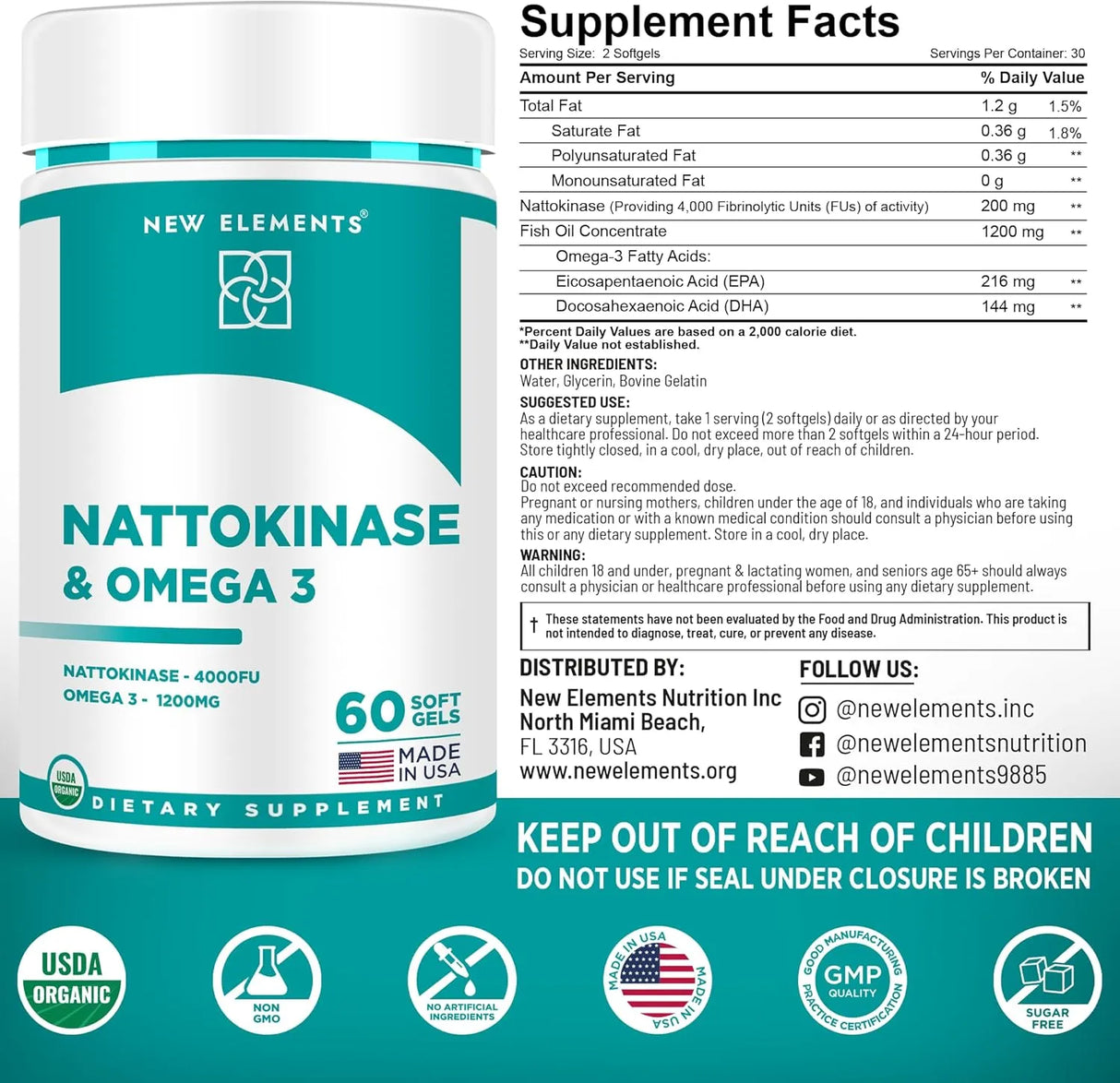 NEW ELEMENTS - New Elements Nattokinase with Omega 3 60 Capsulas Blandas - The Red Vitamin MX - Suplementos Alimenticios - {{ shop.shopifyCountryName }}